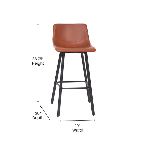 Cognac LeatherSoft |#| Set of 2 Commercial Indoor Armless Iron Barstools - Cognac LeatherSoft