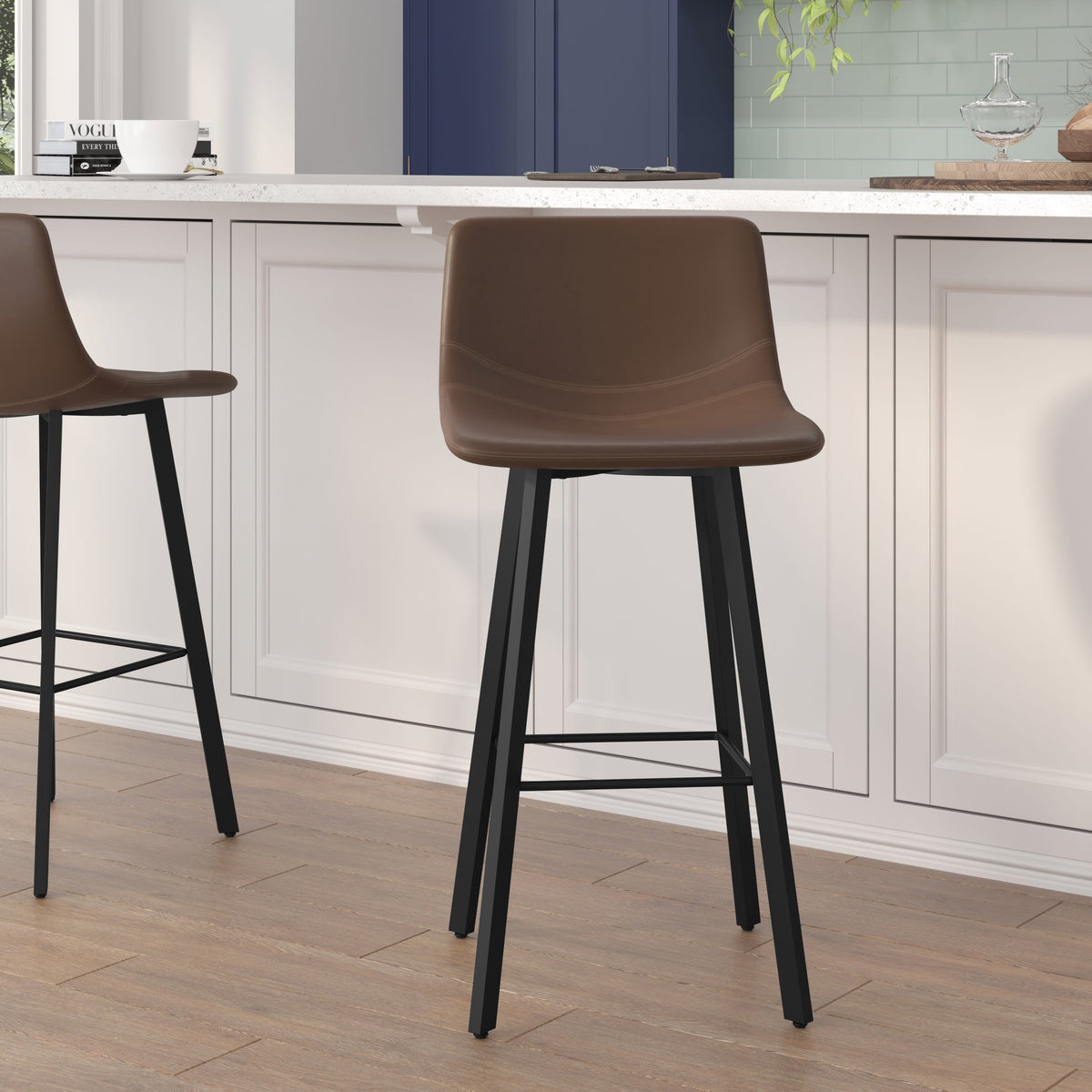 Chocolate Brown LeatherSoft |#| Set of 2 Commercial Indoor Armless Iron Barstools - Chocolate Brown LeatherSoft