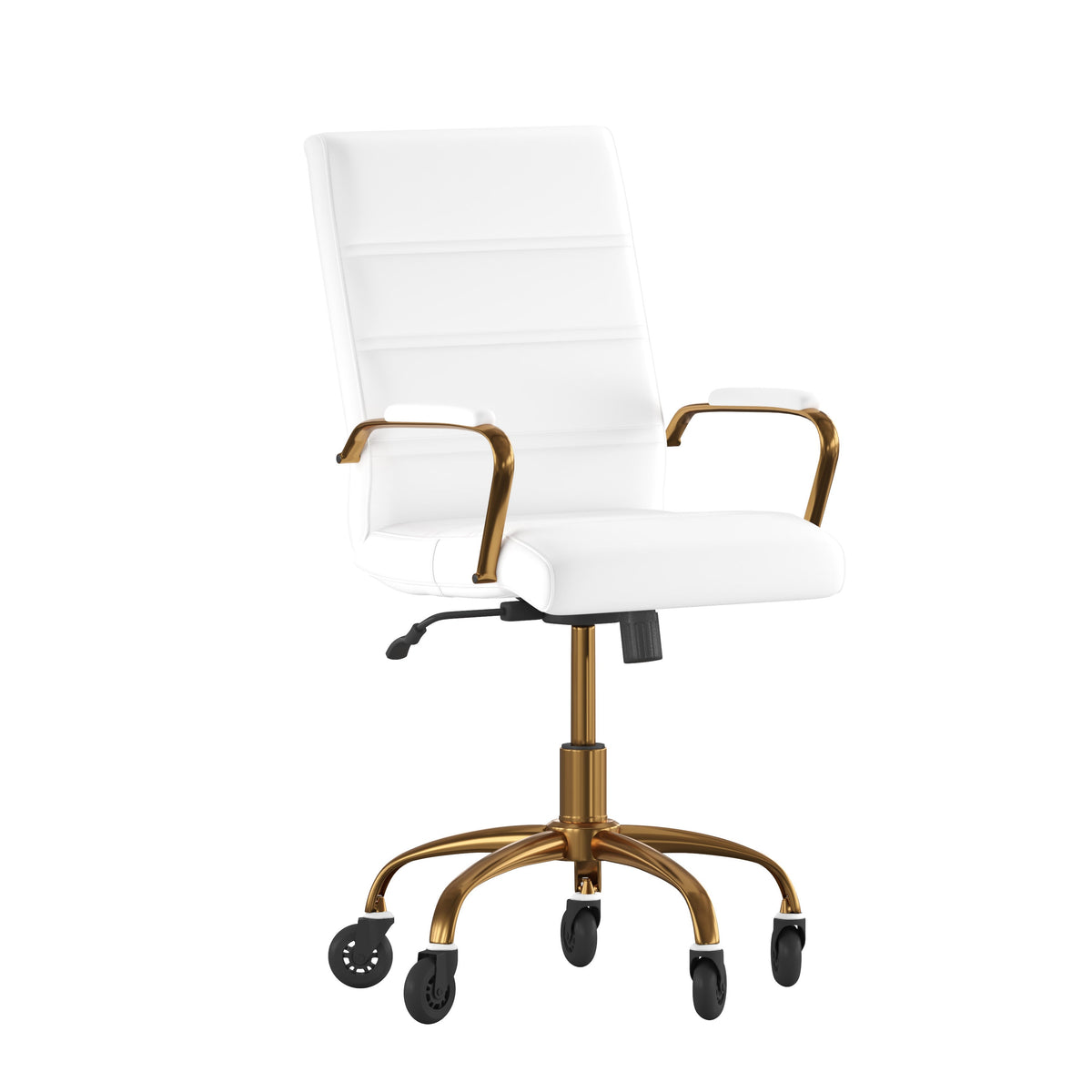 White LeatherSoft/Gold Frame |#| Executive Chair with Gold Frame & Arms on Skate Wheels - White LeatherSoft