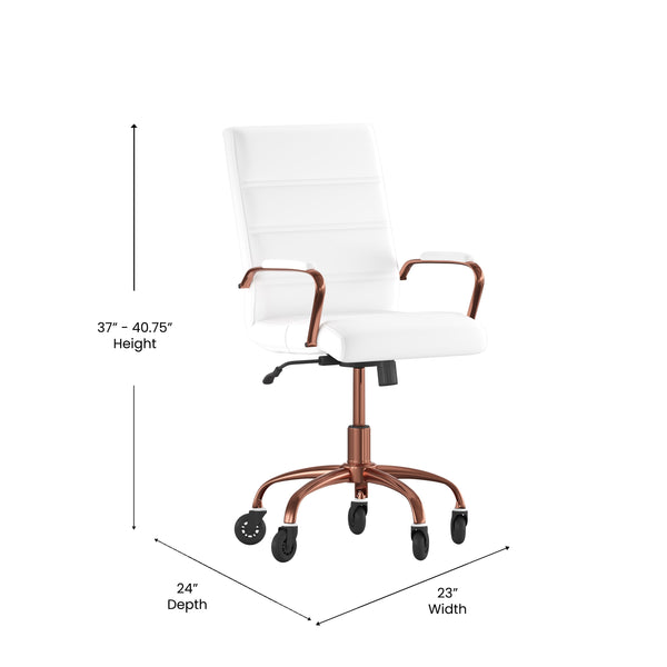 White LeatherSoft/Rose Gold Frame |#| Executive Chair with Rose Gold Frame & Arms on Skate Wheels - White LeatherSoft