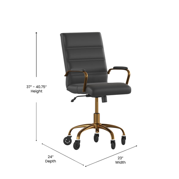 Black LeatherSoft/Gold Frame |#| Executive Chair with Gold Frame & Arms on Skate Wheels - Black LeatherSoft