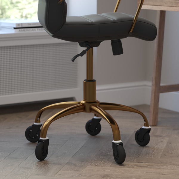 Black LeatherSoft/Gold Frame |#| Executive Chair with Gold Frame & Arms on Skate Wheels - Black LeatherSoft