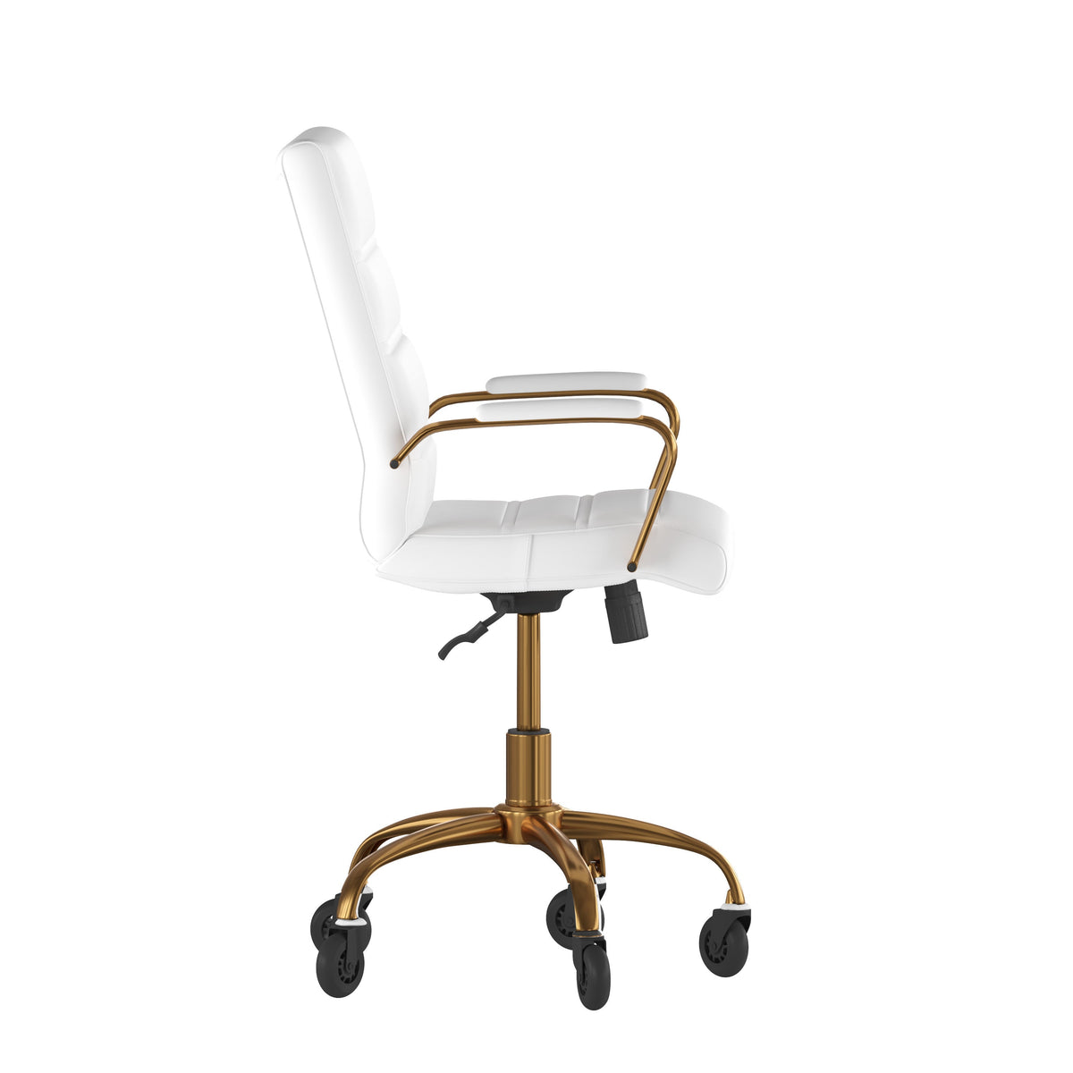 White LeatherSoft/Gold Frame |#| Executive Chair with Gold Frame & Arms on Skate Wheels - White LeatherSoft