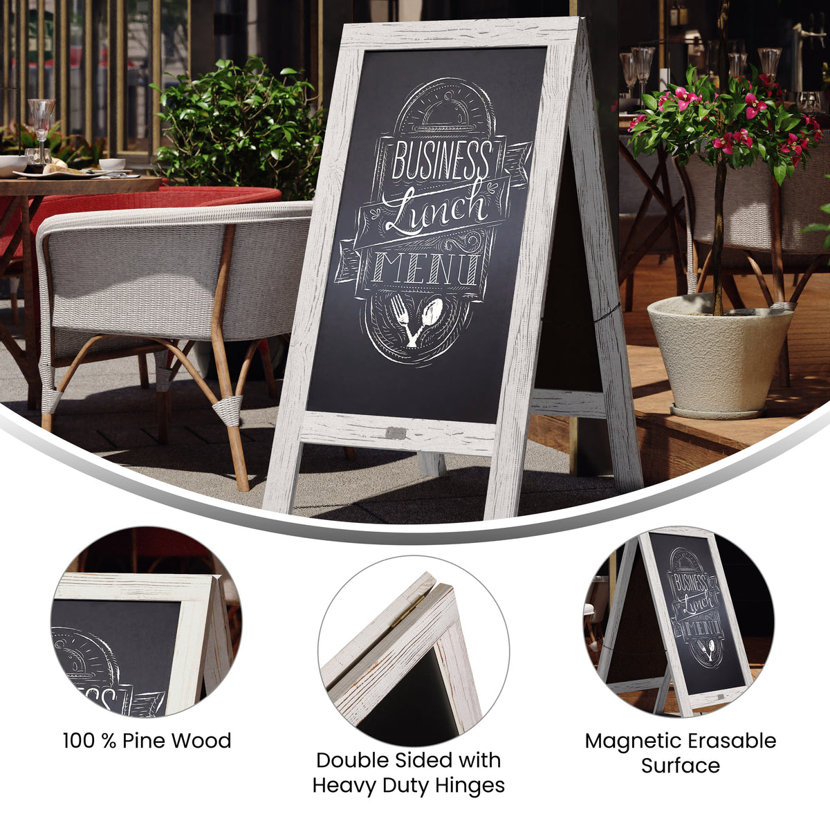 White Wash,48inchH x 24inchW |#| Whitewashed Wood A-Frame Magnetic Chalkboard Set-Markers, Stencils, and Magnets