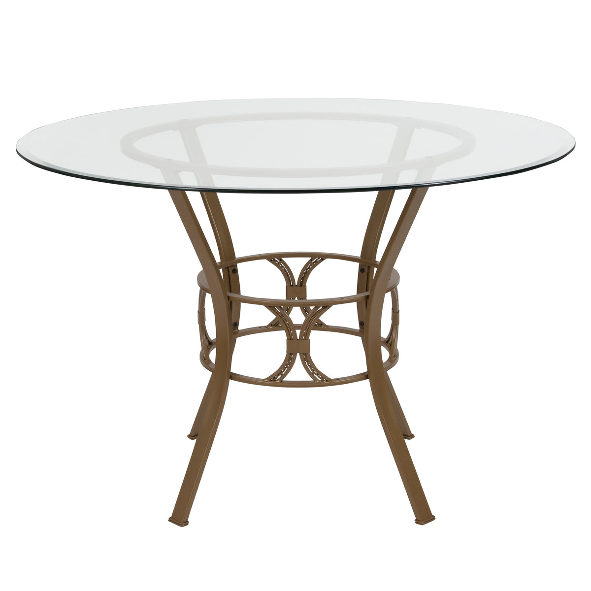 Clear Top/Matte Gold Frame |#| 45inch Round Glass Dining Table with Crescent Style Matte Gold Metal Frame