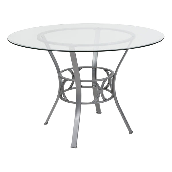 Clear Top/Silver Frame |#| 45inch Round Glass Dining Table with Crescent Style Silver Metal Frame