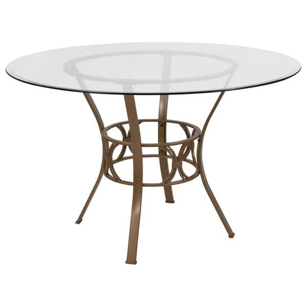 Clear Top/Matte Gold Frame |#| 48inch Round Glass Dining Table with Crescent Style Matte Gold Metal Frame