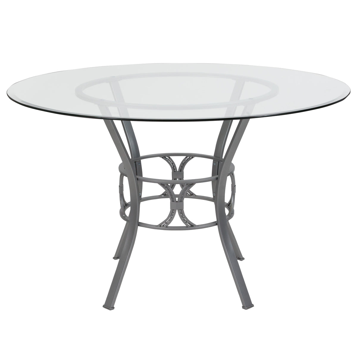 Clear Top/Silver Frame |#| 48inch Round Glass Dining Table with Crescent Style Silver Metal Frame