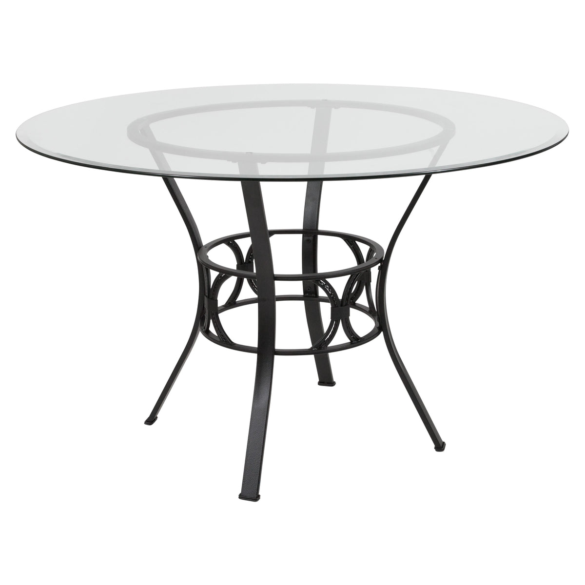 Clear Top/Black Frame |#| 48inch Round Glass Dining Table with Crescent Style Black Metal Frame