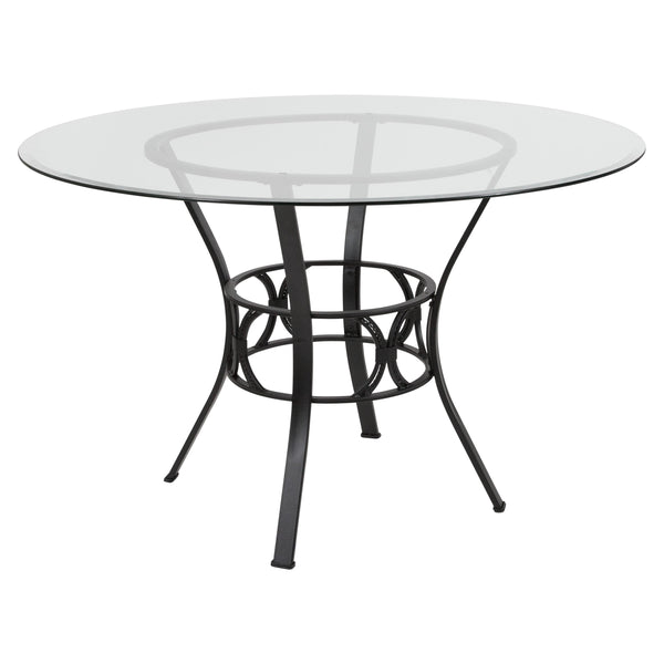 Clear Top/Black Frame |#| 48inch Round Glass Dining Table with Crescent Style Black Metal Frame