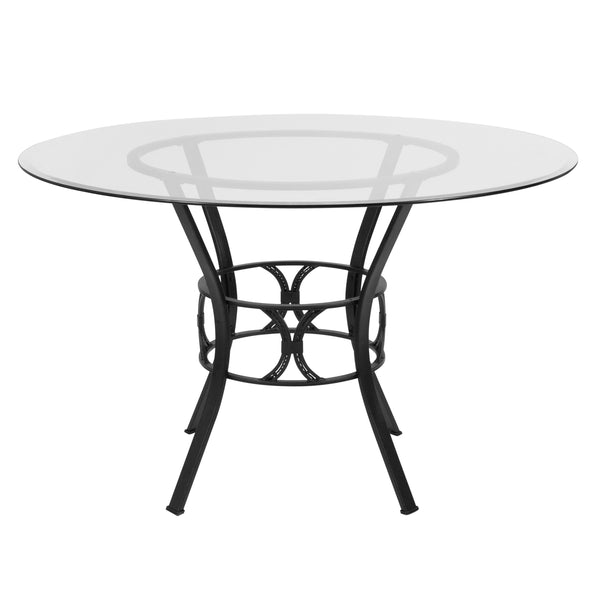 Clear Top/Silver Frame |#| 48inch Round Glass Dining Table with Crescent Style Silver Metal Frame