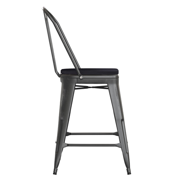 Black/Black |#| All-Weather Counter Height Stool with Poly Resin Seat - Black/Black