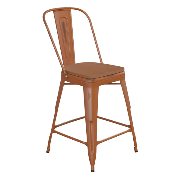 Orange/Teak |#| All-Weather Counter Height Stool with Poly Resin Seat - Orange/Teak