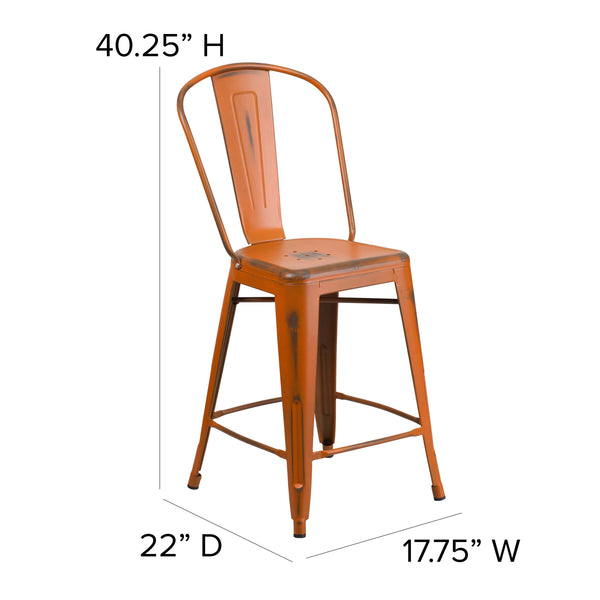 Orange/Teak |#| All-Weather Counter Height Stool with Poly Resin Seat - Orange/Teak