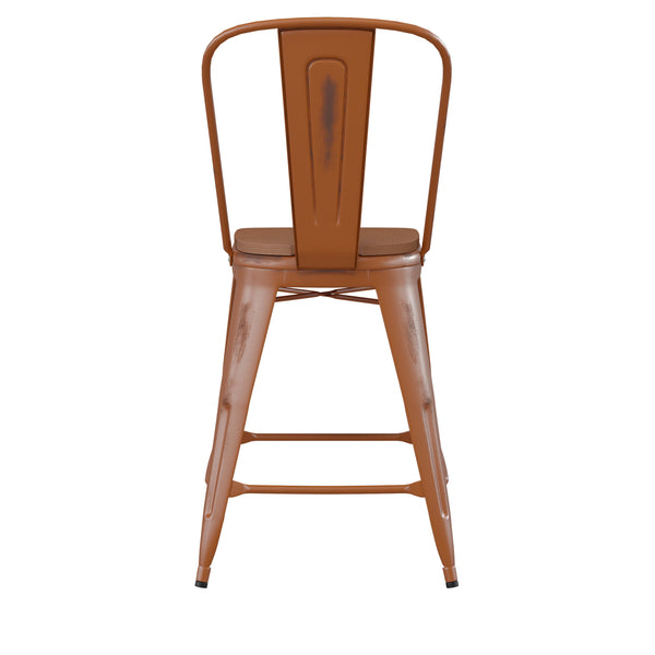 Orange/Teak |#| All-Weather Counter Height Stool with Poly Resin Seat - Orange/Teak