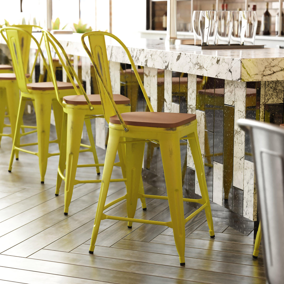 Yellow/Teak |#| All-Weather Counter Height Stool with Poly Resin Seat - Yellow/Teak