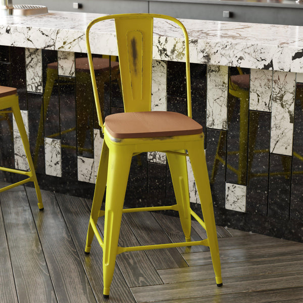 Yellow/Teak |#| All-Weather Counter Height Stool with Poly Resin Seat - Yellow/Teak