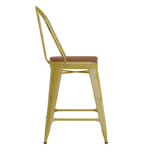 Yellow/Teak |#| All-Weather Counter Height Stool with Poly Resin Seat - Yellow/Teak