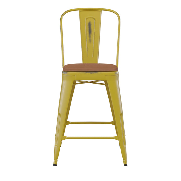 Yellow/Teak |#| All-Weather Counter Height Stool with Poly Resin Seat - Yellow/Teak