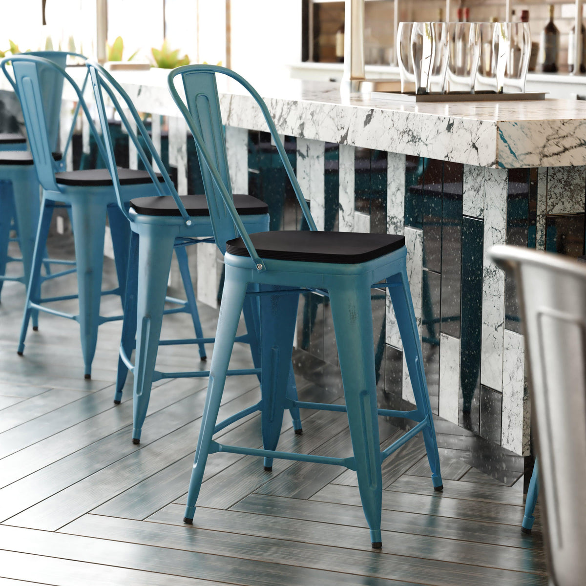 Kelly Blue-Teal/Black |#| All-Weather Counter Height Stool with Poly Resin Seat - Kelly-Blue Teal/Black