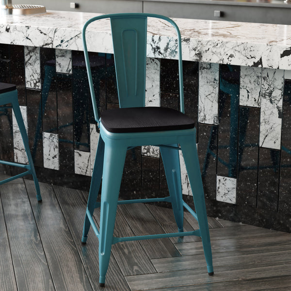 Kelly Blue-Teal/Black |#| All-Weather Counter Height Stool with Poly Resin Seat - Kelly-Blue Teal/Black