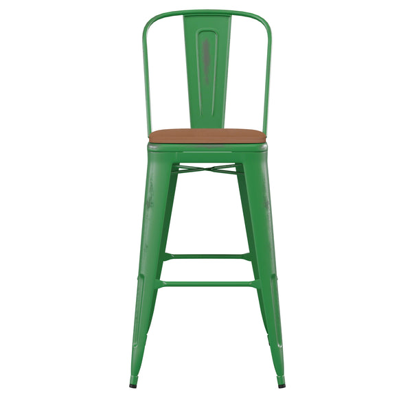 Green/Teak |#| All-Weather Bar Height Stool with Poly Resin Seat - Green/Teak