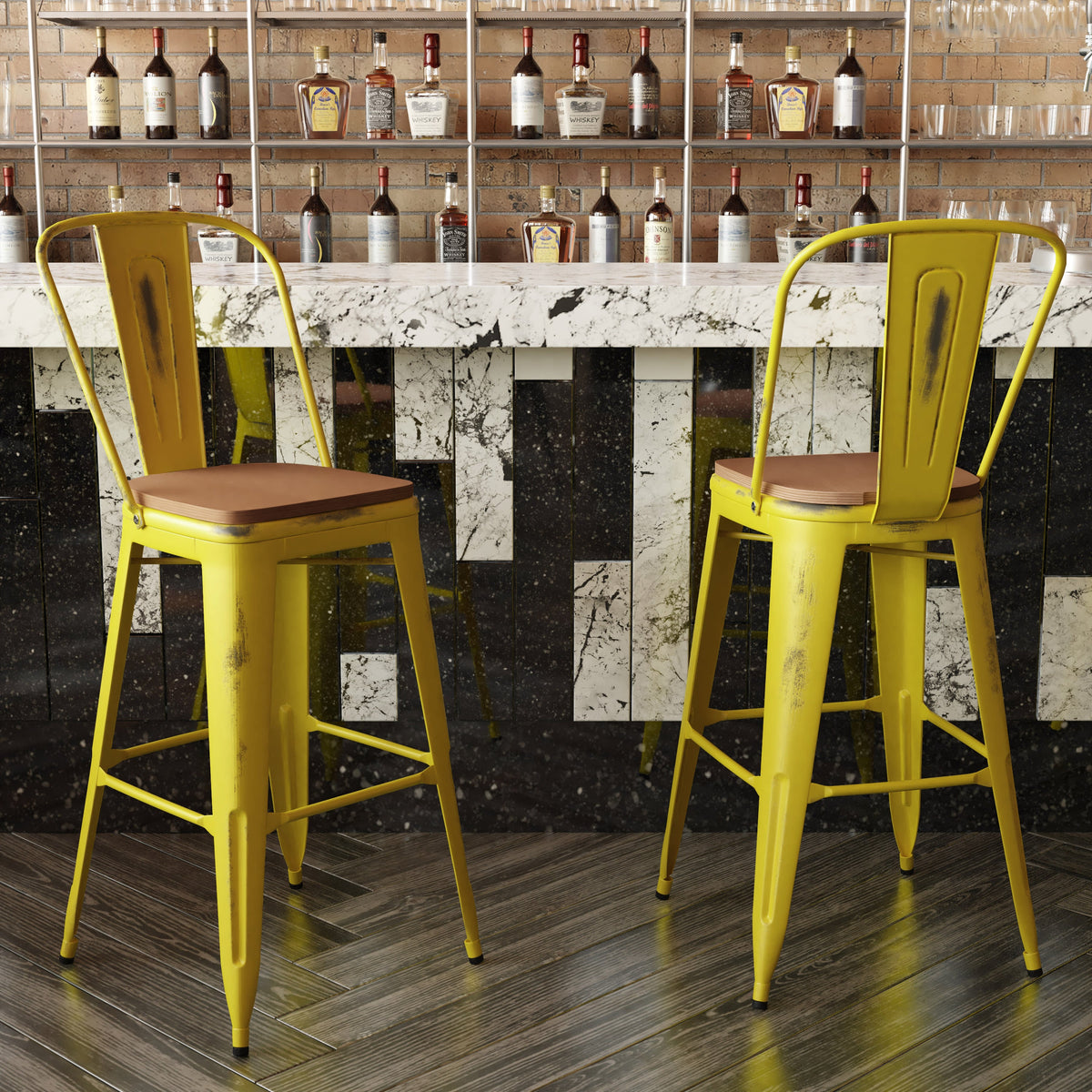 Yellow/Teak |#| All-Weather Bar Height Stool with Poly Resin Seat - Yellow/Teak