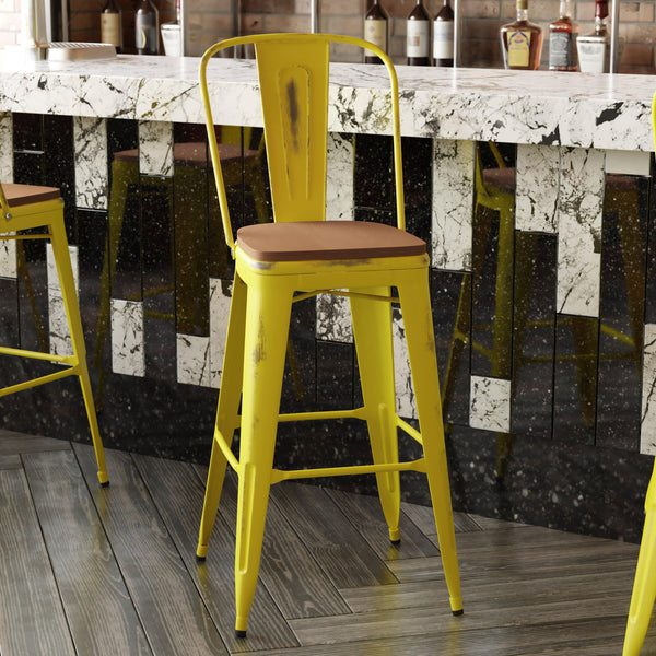 Yellow/Teak |#| All-Weather Bar Height Stool with Poly Resin Seat - Yellow/Teak