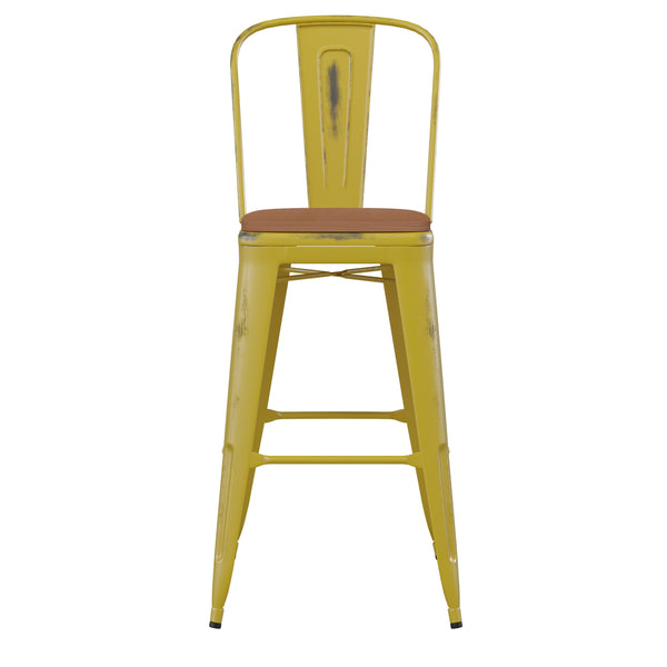 Yellow/Teak |#| All-Weather Bar Height Stool with Poly Resin Seat - Yellow/Teak