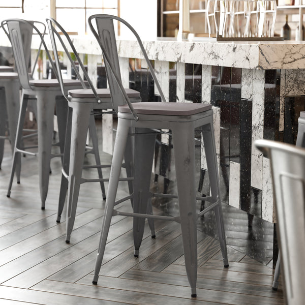 Silver Gray/Gray |#| All-Weather Bar Height Stool with Poly Resin Seat - Silver/Gray