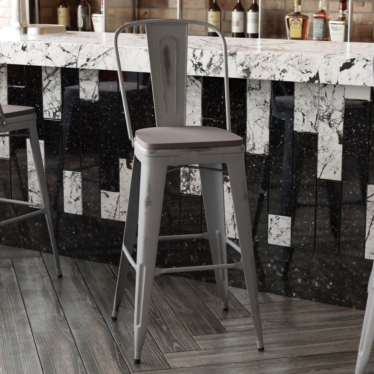 Silver Gray/Gray |#| All-Weather Bar Height Stool with Poly Resin Seat - Silver/Gray