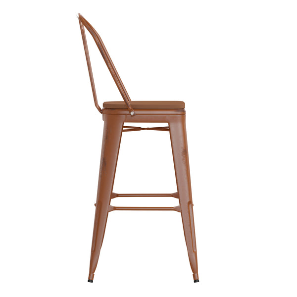 Orange/Teak |#| All-Weather Bar Height Stool with Poly Resin Seat - Orange/Teak