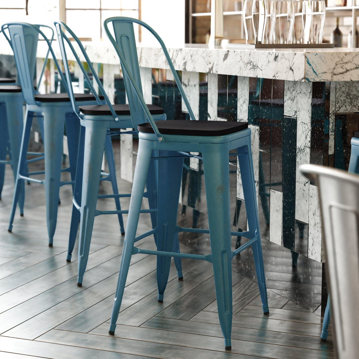 Kelly Blue-Teal/Black |#| All-Weather Bar Height Stool with Poly Resin Seat - Kelly-Blue Teal/Black