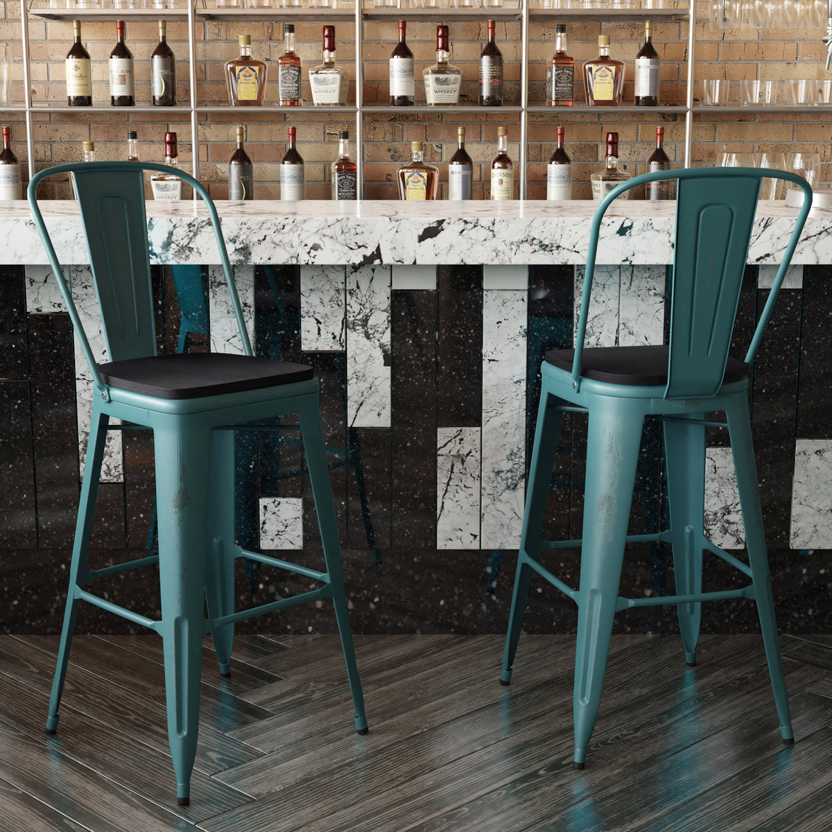 Kelly Blue-Teal/Black |#| All-Weather Bar Height Stool with Poly Resin Seat - Kelly-Blue Teal/Black