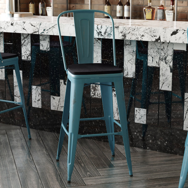 Kelly Blue-Teal/Black |#| All-Weather Bar Height Stool with Poly Resin Seat - Kelly-Blue Teal/Black