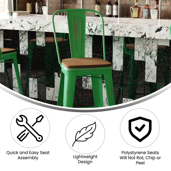 Green/Teak |#| All-Weather Bar Height Stool with Poly Resin Seat - Green/Teak