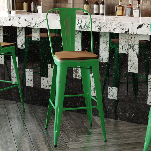 Green/Teak |#| All-Weather Bar Height Stool with Poly Resin Seat - Green/Teak