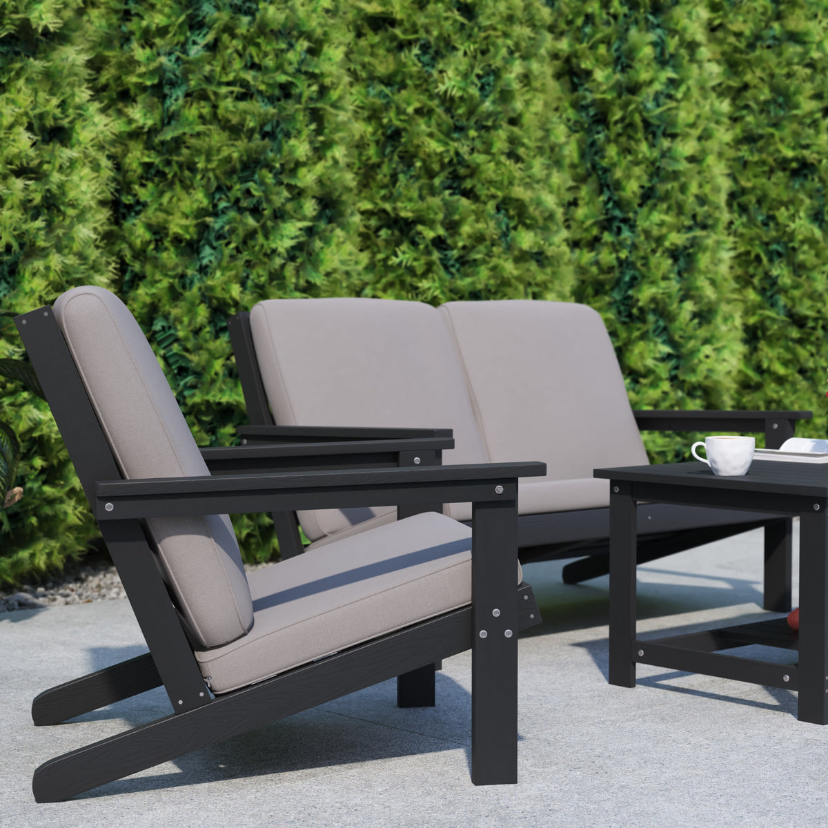 Black/Charcoal |#| All-Weather Poly Resin Adirondack Style Chair & Cushions - Black/Charcoal