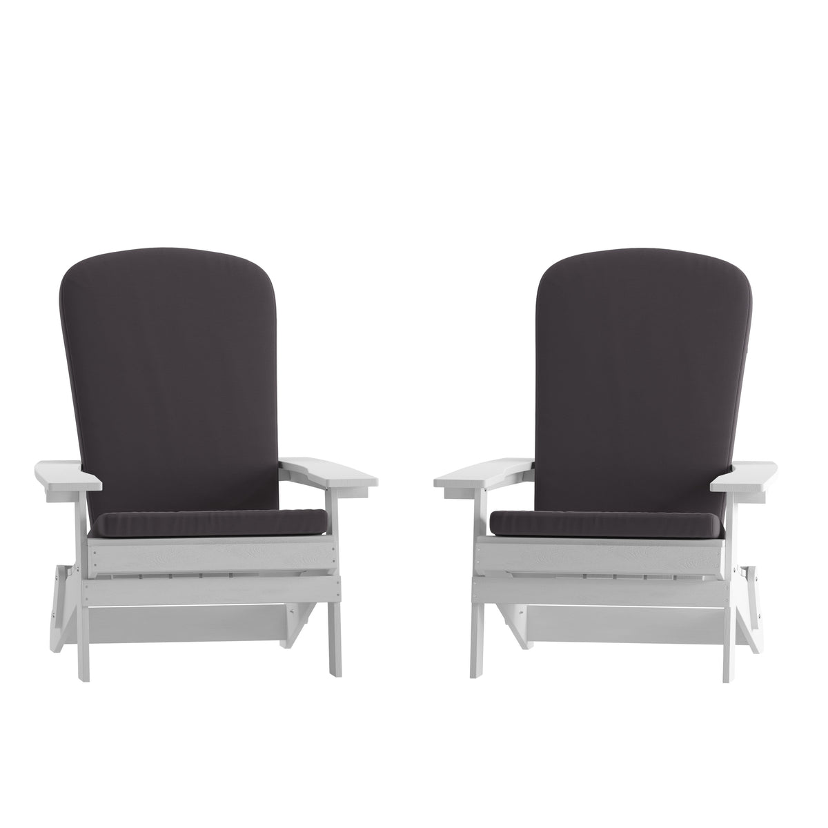 White/Gray |#| Indoor/Outdoor White Folding Adirondack Chairs with Gray Cushions - Set of 2