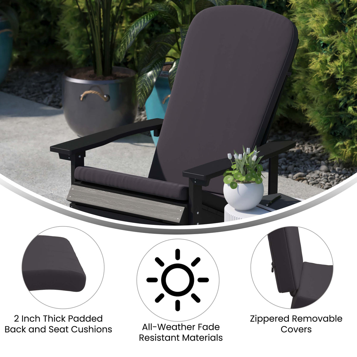 Black/Gray |#| Indoor/Outdoor Black Folding Adirondack Chairs with Gray Cushions - Set of 2