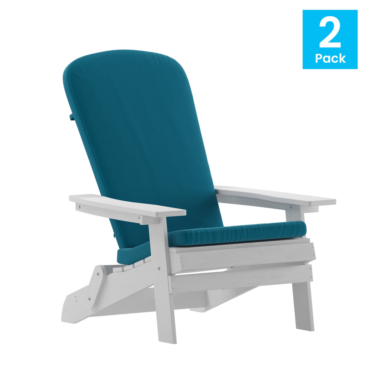 White/Teal |#| Indoor/Outdoor White Folding Adirondack Chairs with Teal Cushions - Set of 2