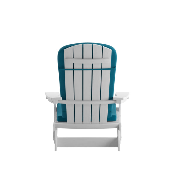 White/Teal |#| Indoor/Outdoor White Folding Adirondack Chairs with Teal Cushions - Set of 2