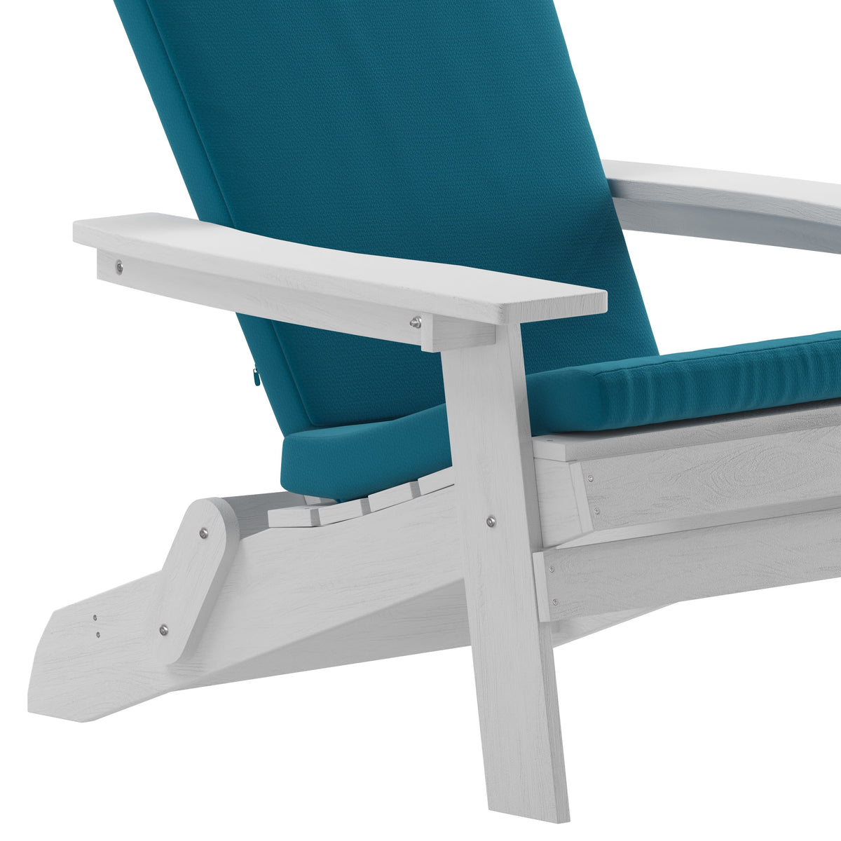 White/Teal |#| Indoor/Outdoor White Folding Adirondack Chairs with Teal Cushions - Set of 2