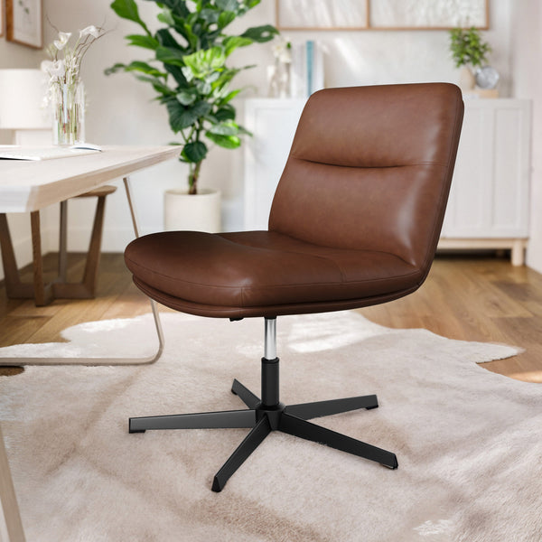 Cognac LeatherSoft/Black Frame |#| Commercial Wide Mid-Back Padded LeatherSoft Swivel Office Chair in Cognac/Black