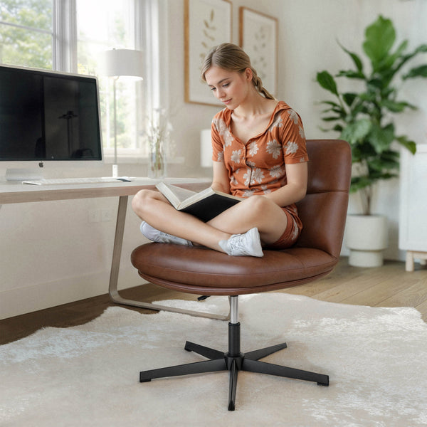 Cognac LeatherSoft/Black Frame |#| Commercial Wide Mid-Back Padded LeatherSoft Swivel Office Chair in Cognac/Black