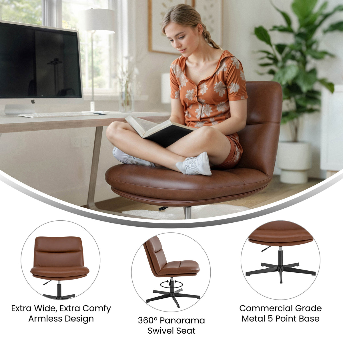 Cognac LeatherSoft/Black Frame |#| Commercial Wide Mid-Back Padded LeatherSoft Swivel Office Chair in Cognac/Black