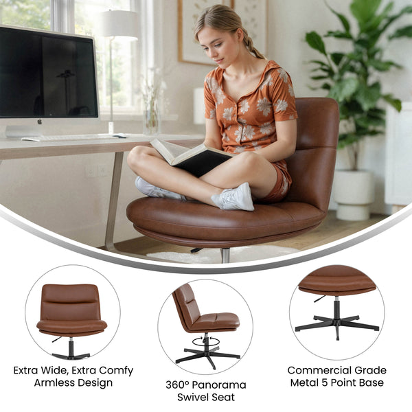 Cognac LeatherSoft/Black Frame |#| Commercial Wide Mid-Back Padded LeatherSoft Swivel Office Chair in Cognac/Black