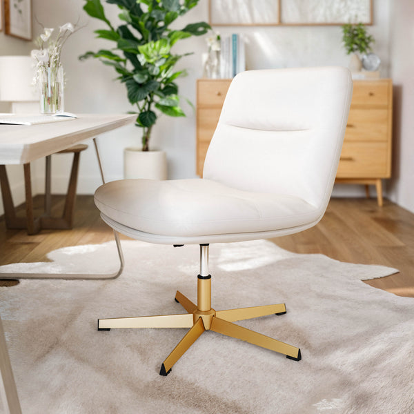 White LeatherSoft/Gold Frame |#| Commercial Wide Mid-Back Padded LeatherSoft Swivel Office Chair in White/Gold