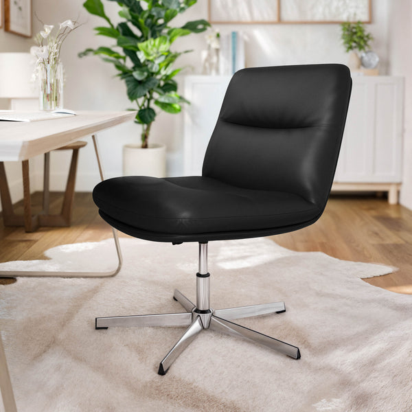 Black LeatherSoft/Chrome Frame |#| Commercial Wide Mid-Back Padded LeatherSoft Swivel Office Chair in Black/Chrome