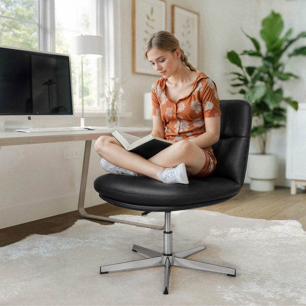 Black LeatherSoft/Chrome Frame |#| Commercial Wide Mid-Back Padded LeatherSoft Swivel Office Chair in Black/Chrome